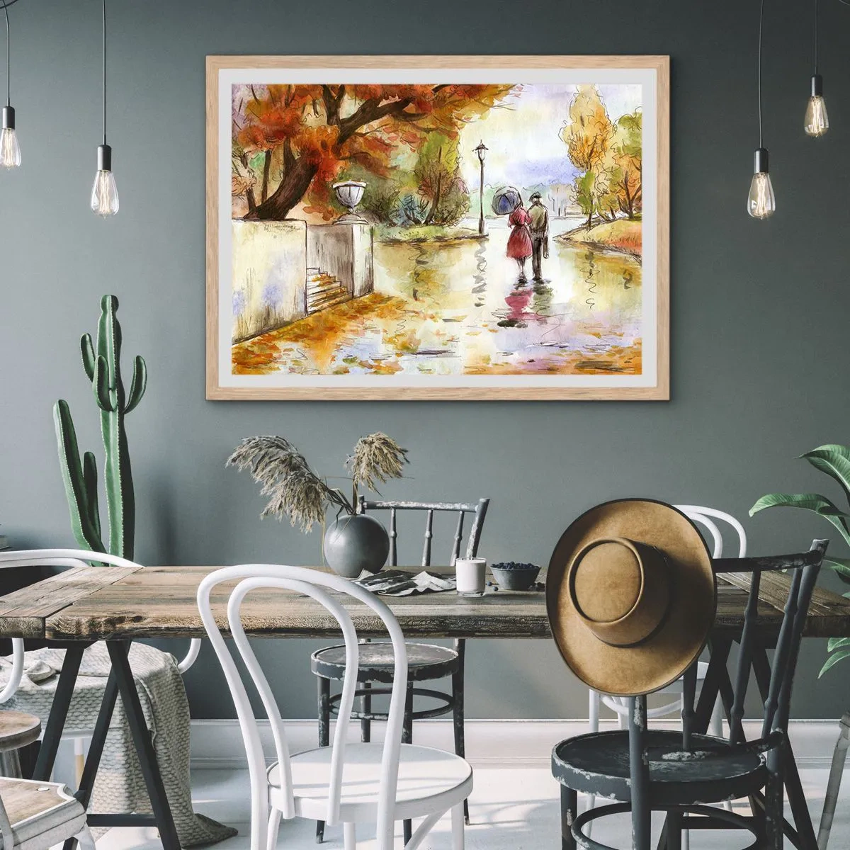 Affiche dans un chêne clair - Poster - Automne romantique dans le parc - 91x61 cm