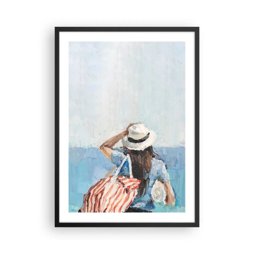 Affiche dans un cadre noir - Poster - Une femme avec un chapeau regardant la mer - 50x70cm - Bienvenue à vos vacances - Décoration murale moderne pour le salon et la chambre ARTTOR