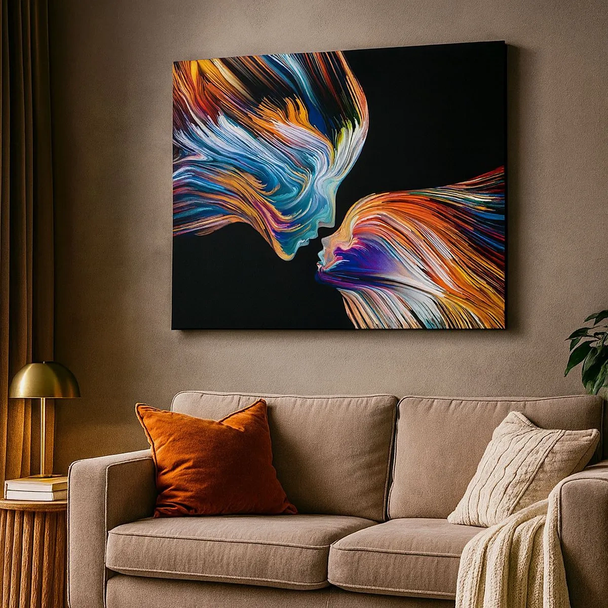 Impression sur toile - Image sur toile - Silhouettes colorées de visages dans des flux dynamiques sur fond noir - 70x50cm - Une fusion d'énergie et de lumière - Décoration murale moderne pour le salon et la chambre ARTTOR