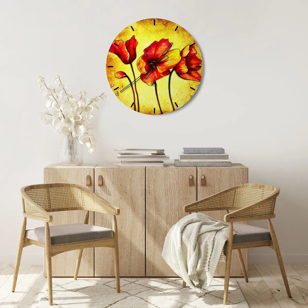Horloge murale - Pendule murale - Coquelicots rouges sur un fond de tons jaunes chauds - 30x30cm - Dans la décoration Art Nouveau - Décoration murale moderne pour le salon, la cuisine et la chambre ARTTOR