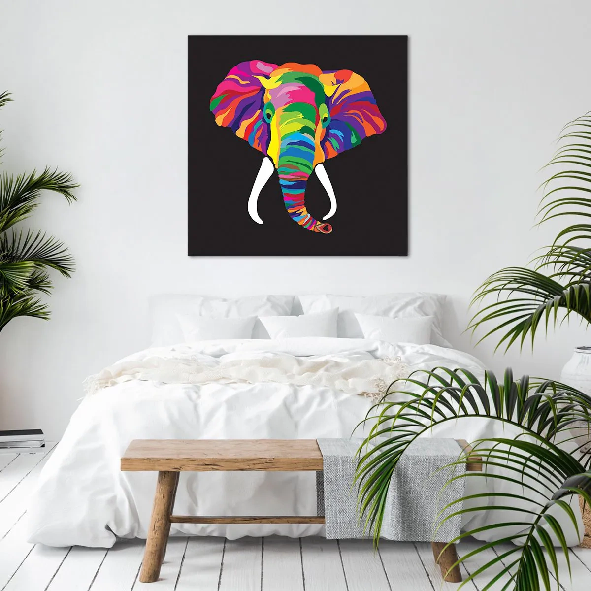 Impression sur toile - Image sur toile - L'éléphant qui aimait se baigner dans un arc-en-ciel - 30x30 cm