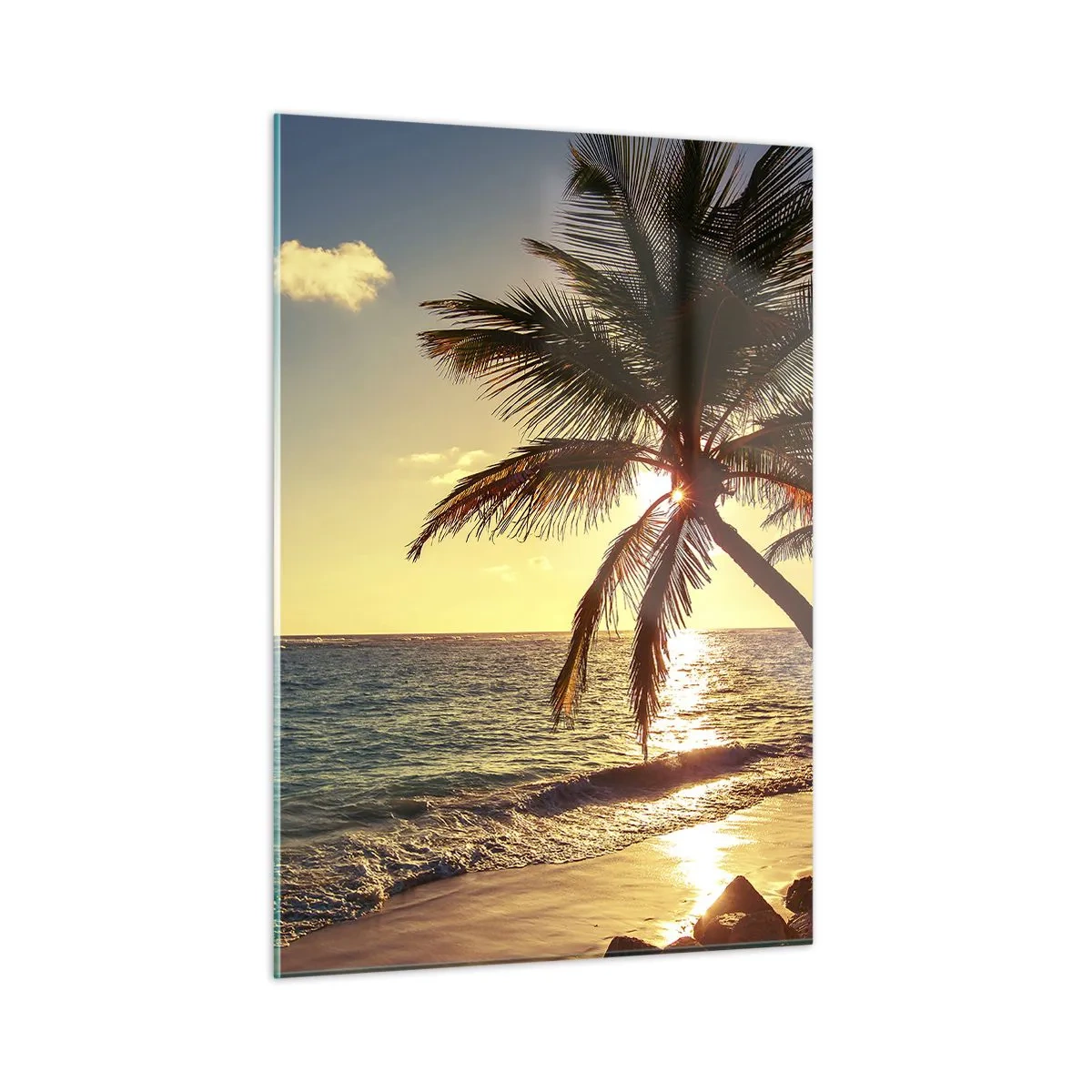 Impression sur verre - Image sur verre - Plage tropicale avec palmiers à la lumière du soleil couchant - 50x70cm - L'été sous les palmiers - Décoration murale moderne pour le salon et la chambre ARTTOR