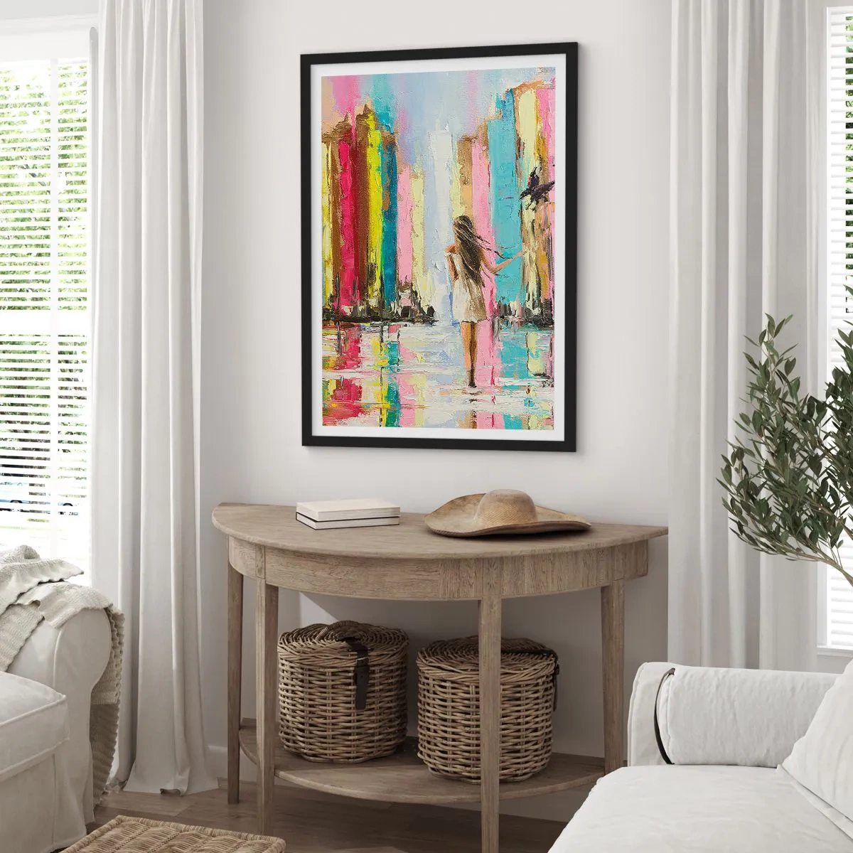 Affiche dans un cadre noir - Poster - Une femme parmi des bâtiments colorés dans un style impressionniste - 50x70cm - Viens avec moi - Décoration murale moderne pour le salon et la chambre ARTTOR