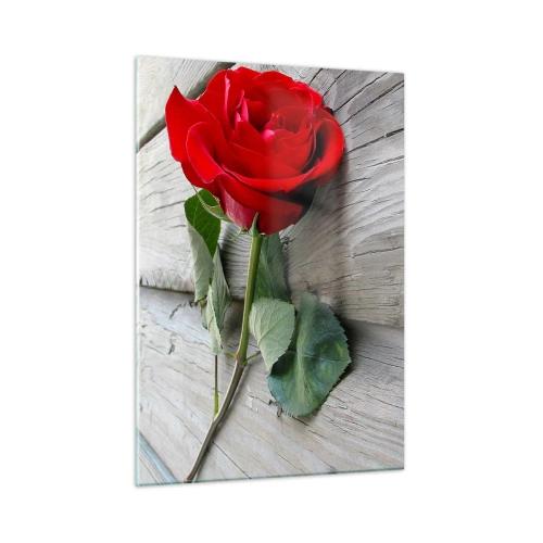Impression sur verre - Image sur verre - Rose rouge sur une planche de bois - 50x70cm - Étude écarlate - Décoration murale moderne pour le salon et la chambre ARTTOR