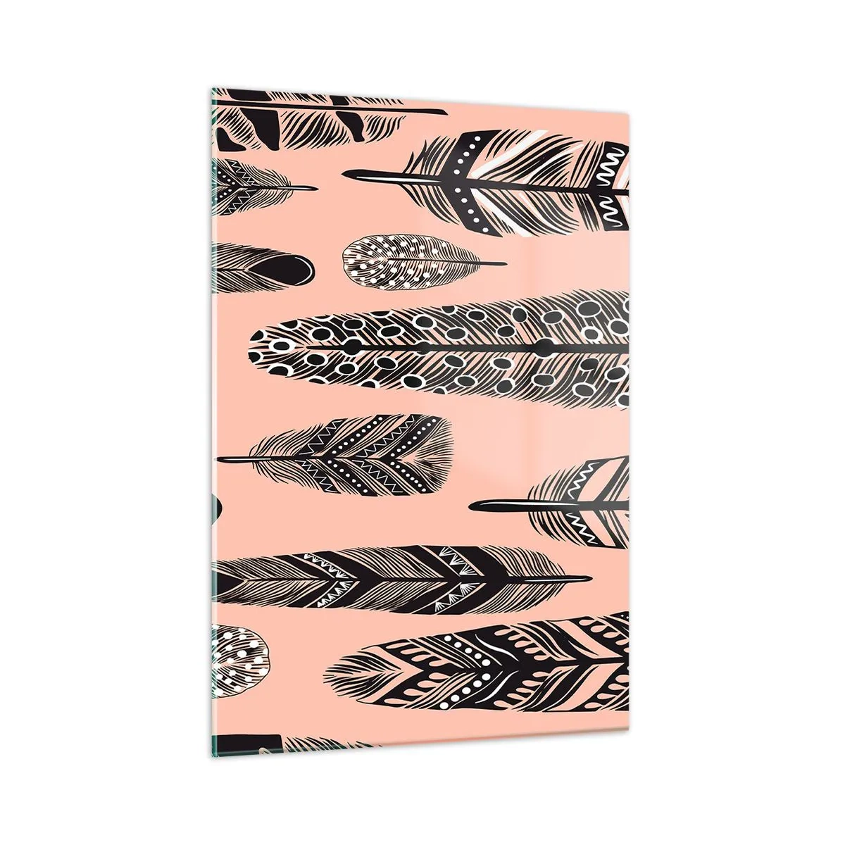 Impression sur verre - Image sur verre - Plumes décoratives à motifs noirs et blancs sur fond rose - 50x70cm - Collection indienne - Décoration murale moderne pour le salon et la chambre ARTTOR