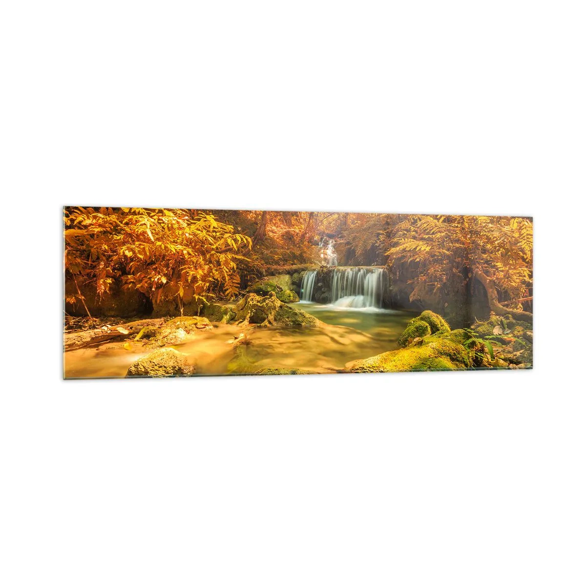 Impression sur verre - Image sur verre - Une cascade dorée dans une forêt d'automne entourée de verdure - 160x50cm - Cascade de forêt en or - Décoration murale moderne pour le salon et la chambre ARTTOR