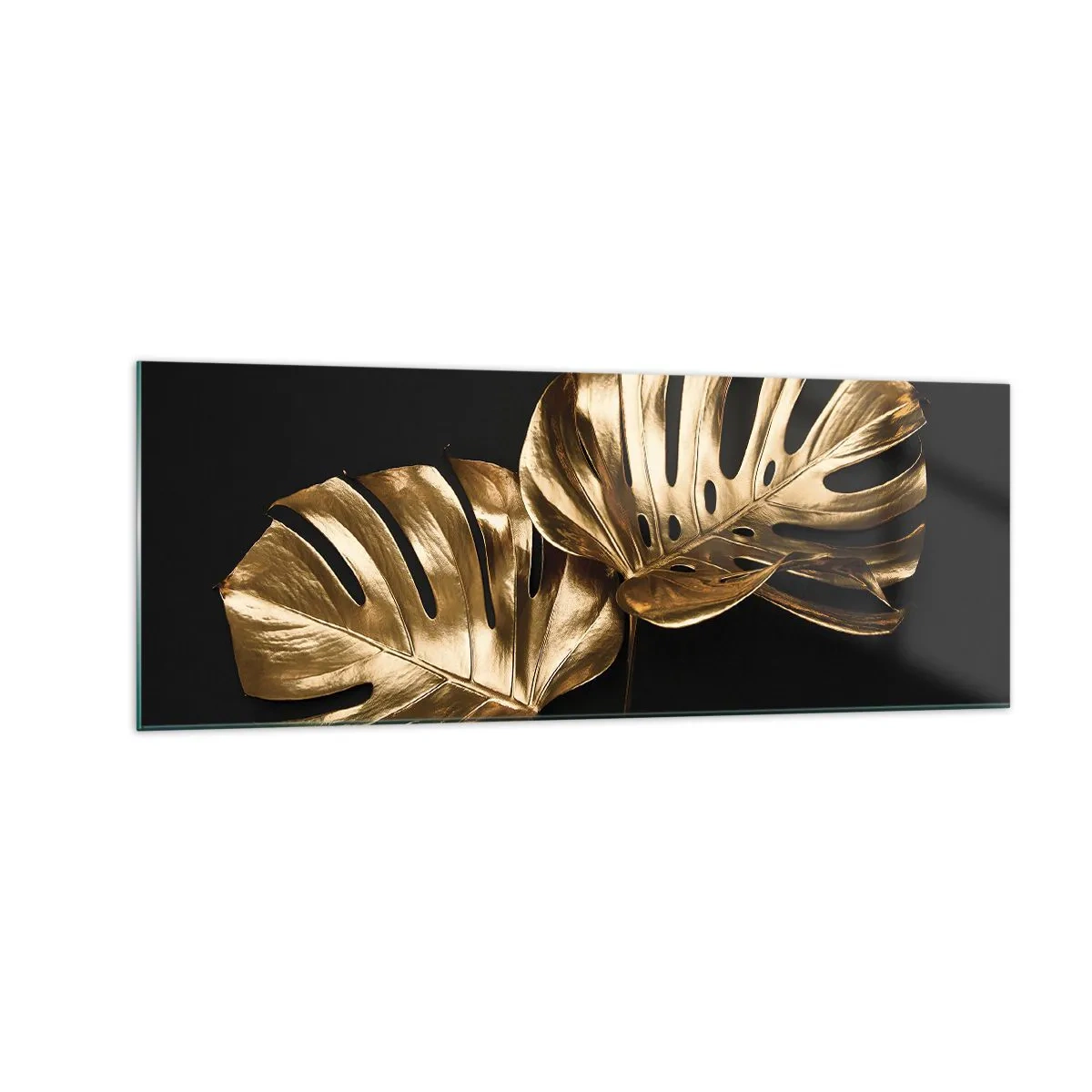 Impression sur verre - Image sur verre - Feuilles de monstera dorées sur fond noir - 140x50cm - Les trésors de la nature - Décoration murale moderne pour le salon et la chambre ARTTOR