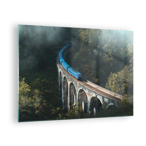 Impression sur verre - Image sur verre - Un train bleu circulant sur un viaduc en pierre dans la forêt - 70x50cm - Train nature - Décoration murale moderne pour le salon et la chambre ARTTOR