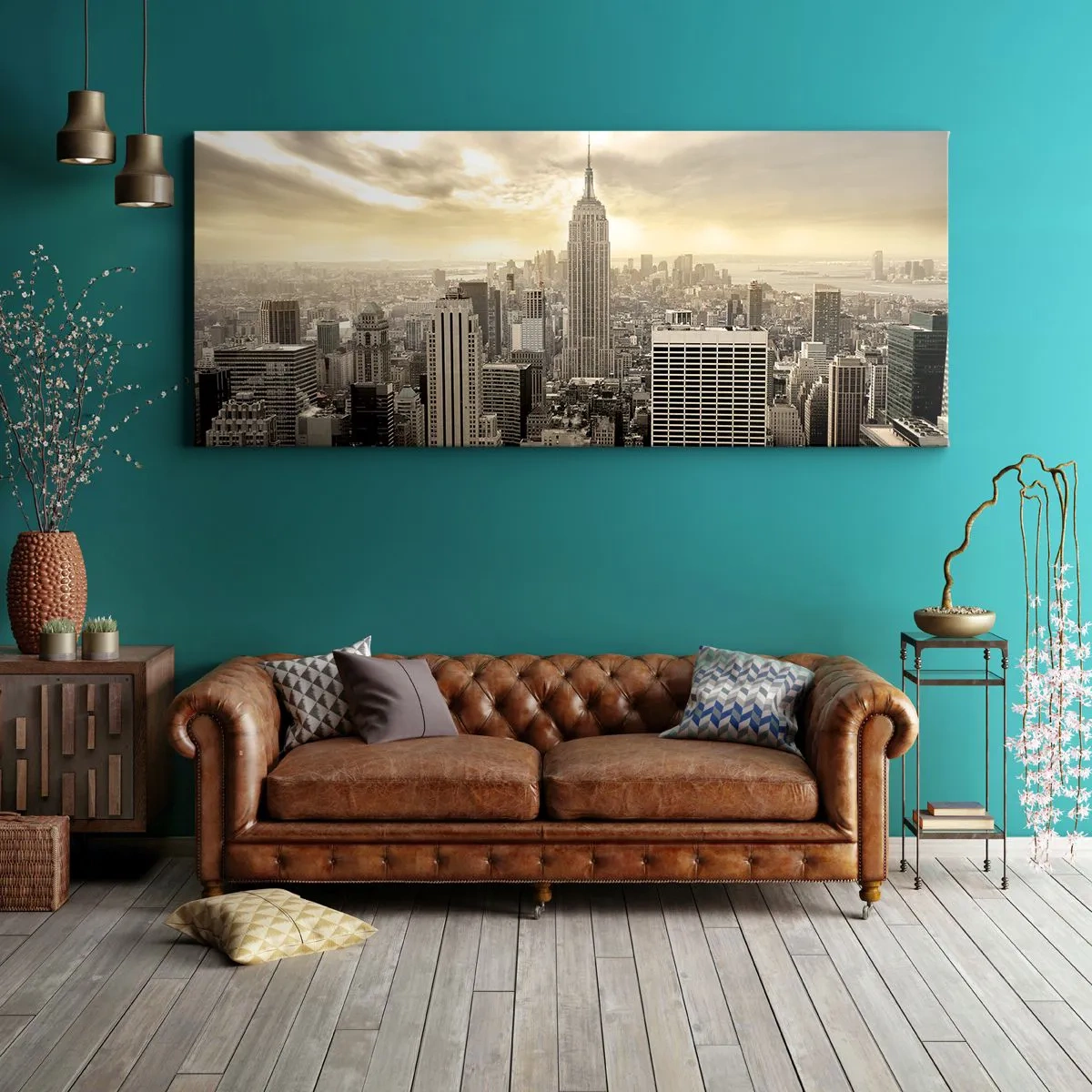 Impression sur toile - Image sur toile - Panorama de la ville avec vue sur l'Empire State Building - 120x50cm - New York tissé de gris - Décoration murale moderne pour le salon et la chambre ARTTOR