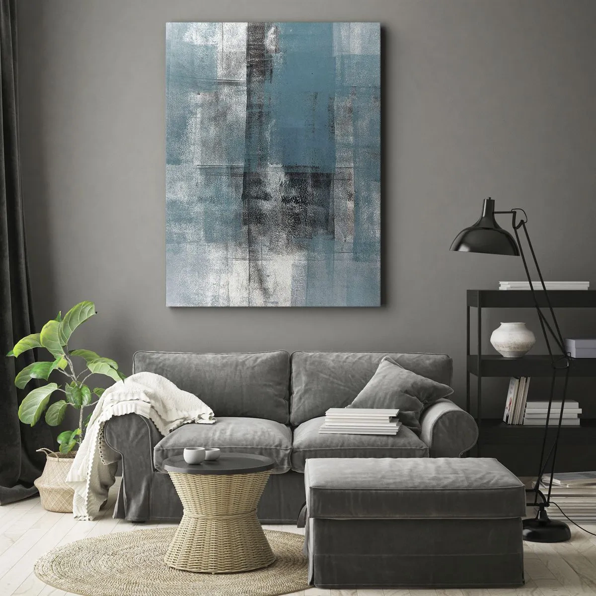 Impression sur toile - Image sur toile - Une composition abstraite dans des tons de bleu avec texture et couches. - 50x70cm - Eau et air - Décoration murale moderne pour le salon et la chambre ARTTOR
