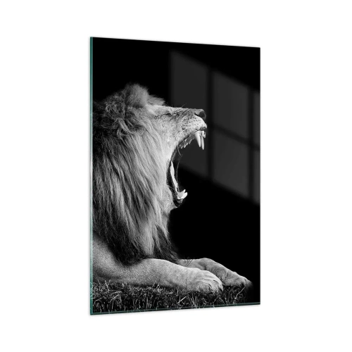 Impression sur verre - Image sur verre - Un lion rugissant sur fond noir dans des tons noir et blanc - 80x120cm - Sans aucun doute - Décoration murale moderne pour le salon et la chambre ARTTOR
