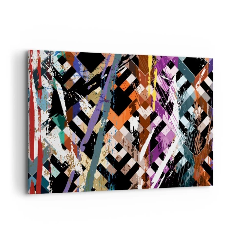 Impression sur toile - Image sur toile - Composition abstraite avec des lignes colorées sur fond noir - 120x80cm - Se mettre au carré - Décoration murale moderne pour le salon et la chambre ARTTOR