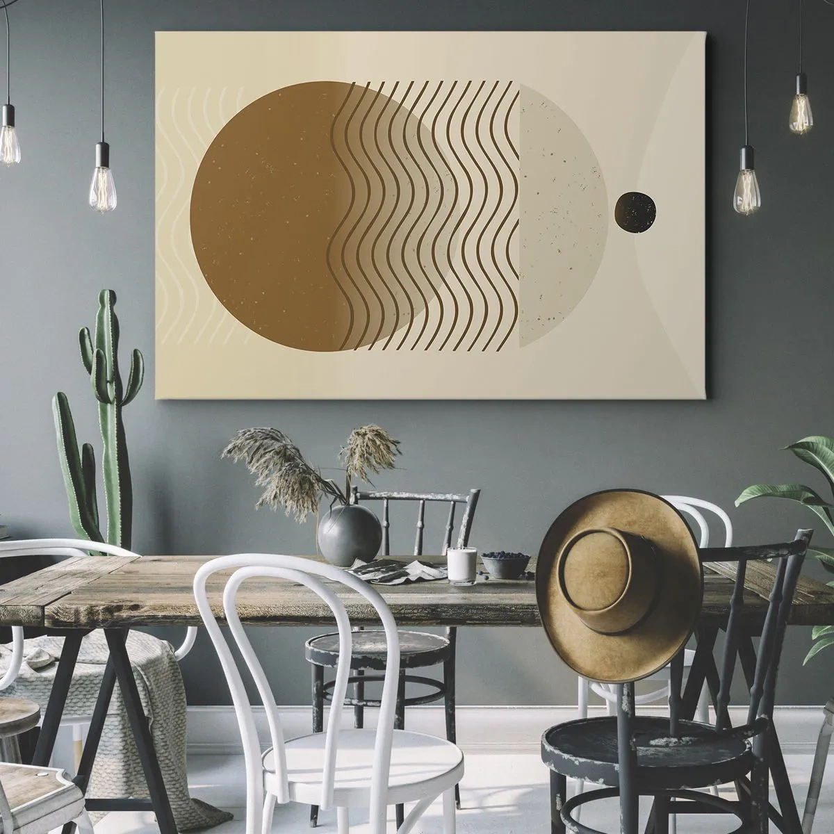 Impression sur toile - Image sur toile - Abstraction géométrique avec des cercles et des lignes ondulées aux couleurs chaudes. - 120x80cm - Sur l'origine des figures géométriques - Décoration murale moderne pour le salon et la chambre ARTTOR