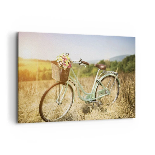 Impression sur toile - Image sur toile - Un vélo rétro avec un panier rempli de fleurs sur fond de prairie. - 120x80cm - Je vais rester un petit moment - Décoration murale moderne pour le salon et la chambre ARTTOR