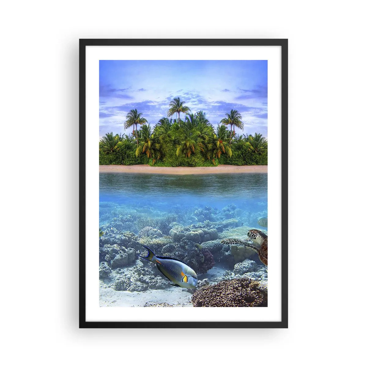 Affiche dans un cadre noir - Poster - Une île tropicale avec un récif corallien et des poissons exotiques. - 50x70cm - L'île céleste vous invite - Décoration murale moderne pour le salon et la chambre ARTTOR