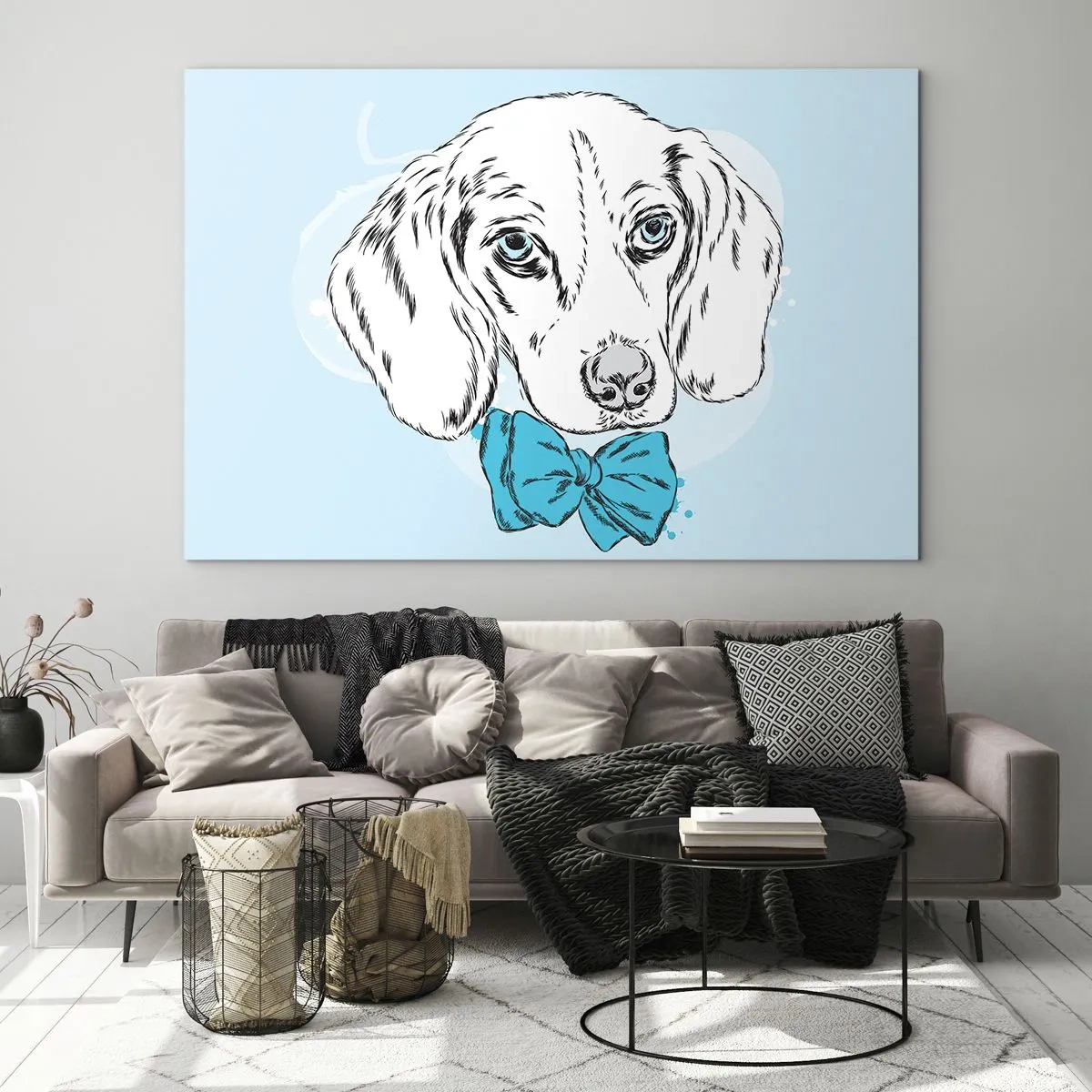 Impression sur verre - Image sur verre - Dessin d'un chien avec un nœud papillon sur fond bleu - 120x80cm - L'élégance du chien - Décoration murale moderne pour le salon et la chambre ARTTOR