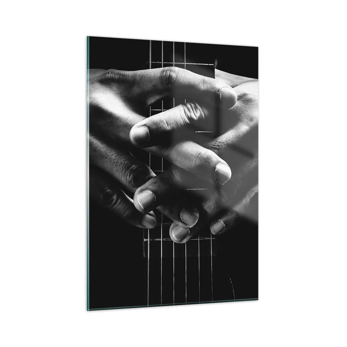 Impression sur verre - Image sur verre - Mains jointes posées sur le manche de la guitare en noir et blanc - 50x70cm - Prière d'artiste - Décoration murale moderne pour le salon et la chambre ARTTOR