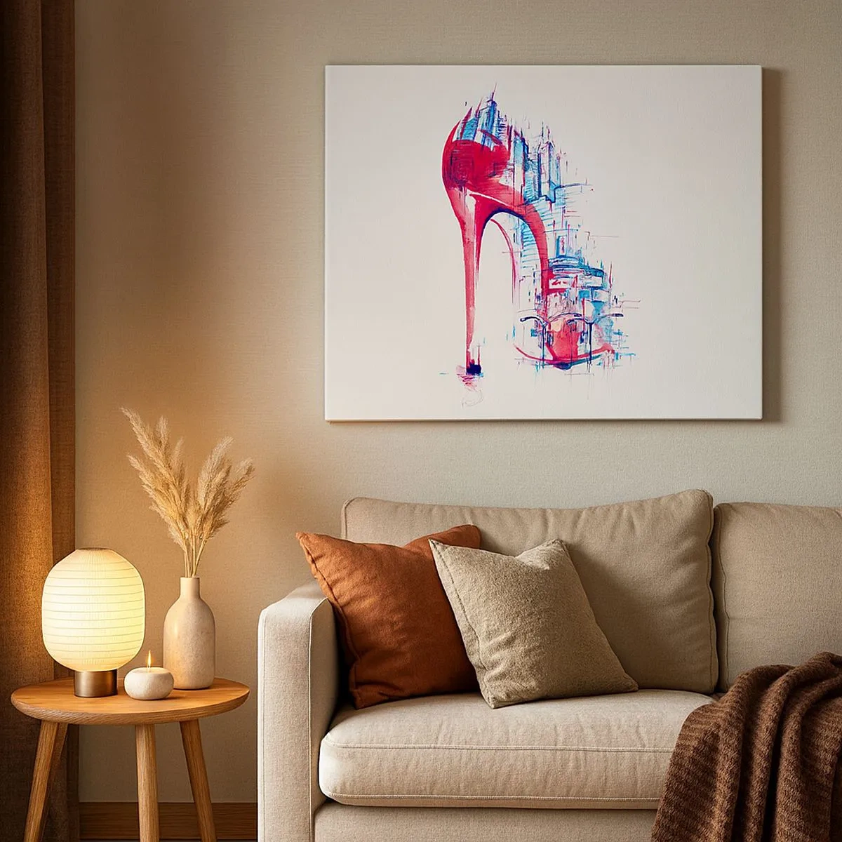 Impression sur toile - Image sur toile - Talon aiguille rouge abstrait avec détails urbains - 70x50cm - L'élégance des grandes villes - Décoration murale moderne pour le salon et la chambre ARTTOR