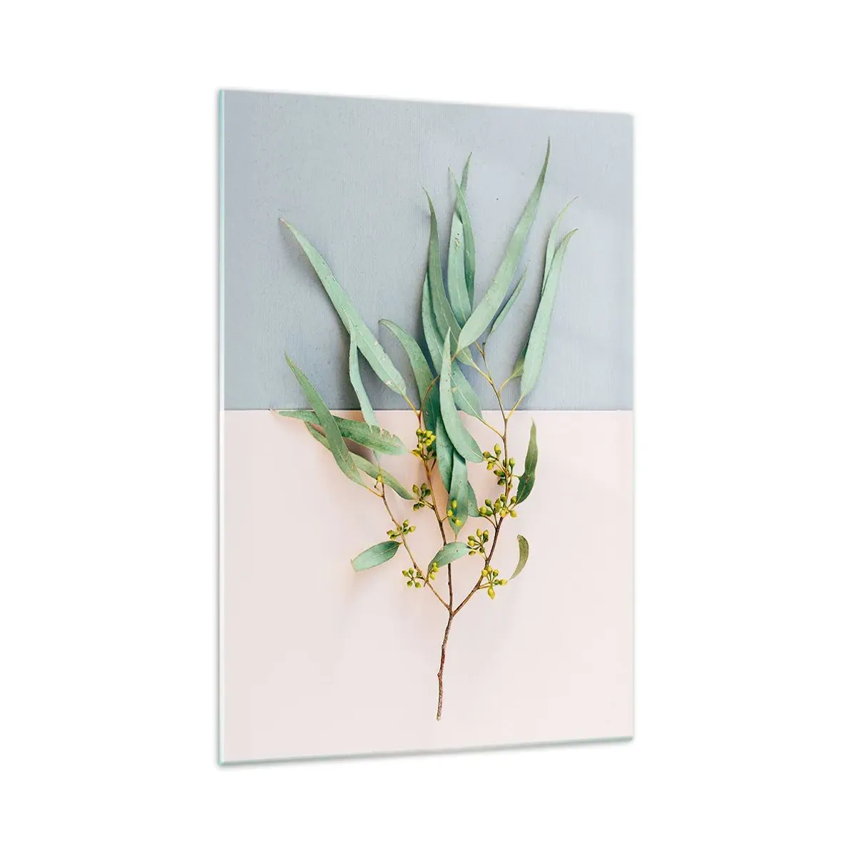 Impression sur verre - Image sur verre - Une branche avec des feuilles sur un fond de tons pastel - 70x100cm - Subtilité pastel - Décoration murale moderne pour le salon et la chambre ARTTOR
