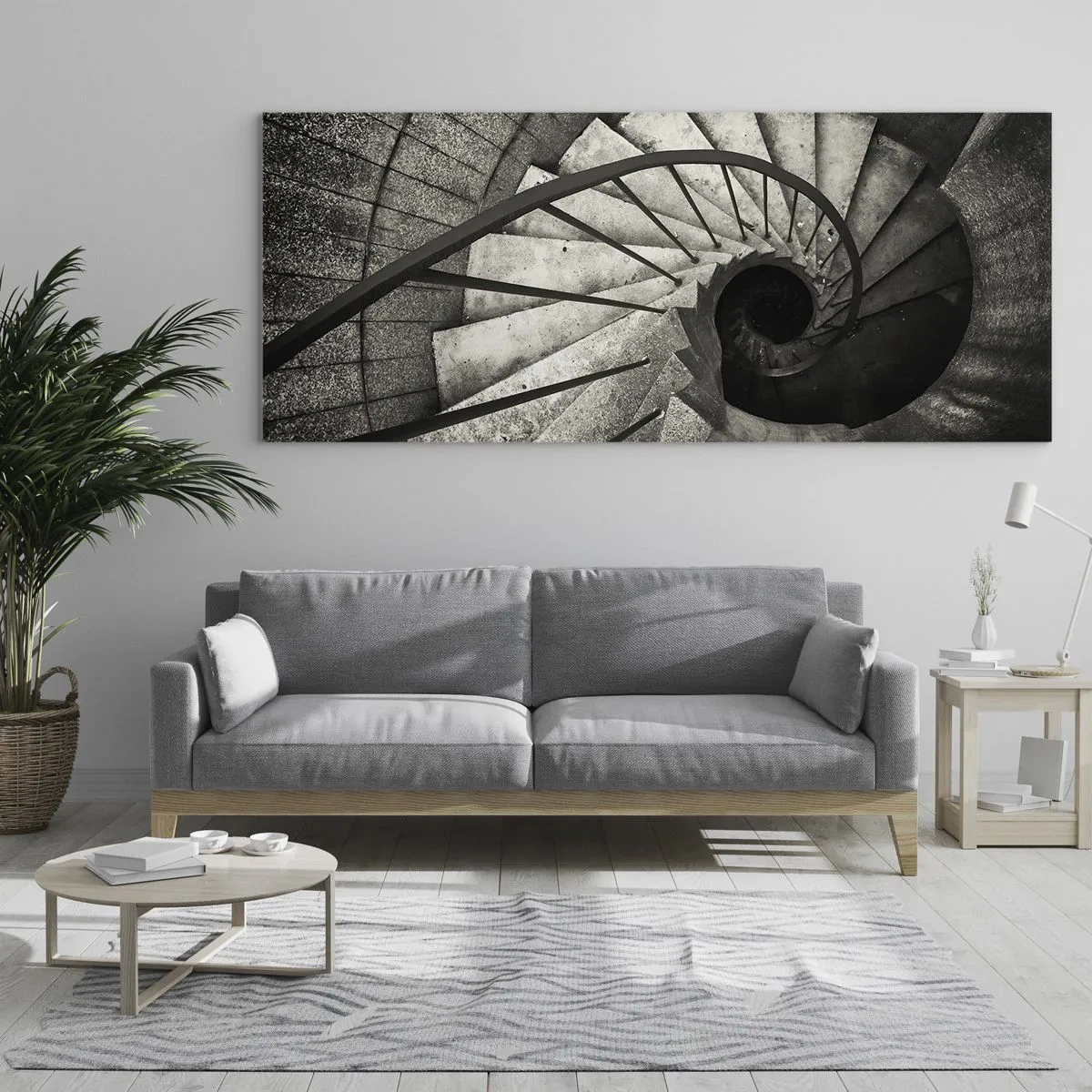 Impression sur verre - Image sur verre - Escalier en colimaçon noir et blanc de style moderne - 140x50cm - En haut des escaliers, en bas des escaliers - Décoration murale moderne pour le salon et la chambre ARTTOR