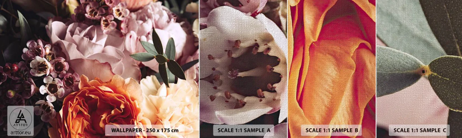 Échantillon de Papier Peint Premium Canvas - Enveloppé de beauté - Fleurs, Bouquet de fleurs, Rose - 100x30 cm