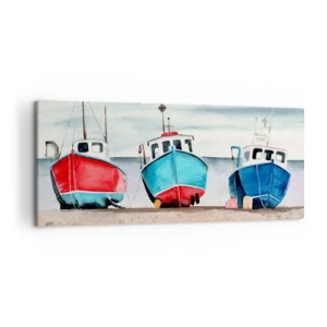 Impression sur toile - Image sur toile - Bateaux de pêche colorés sur le rivage dans un paysage marin - 120x50cm - Prêt pour la pêche - Décoration murale moderne pour le salon et la chambre ARTTOR