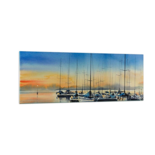 Impression sur verre - Image sur verre - Port de plaisance au coucher du soleil avec reflets sur l'eau - 140x50cm - Fin d'une belle journée - Décoration murale moderne pour le salon et la chambre ARTTOR