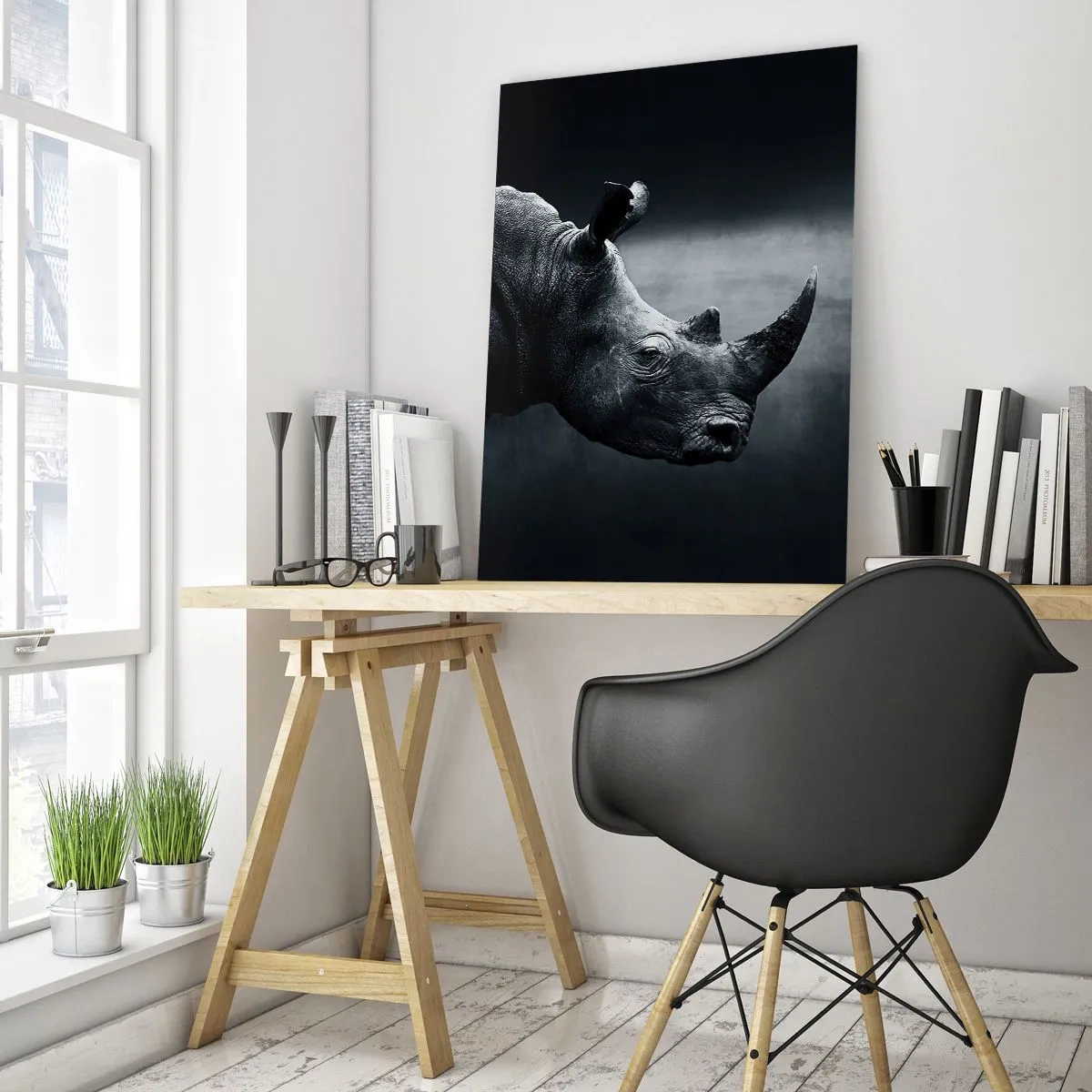 Impression sur verre - Image sur verre - Portrait noir et blanc d'un rhinocéros sur fond sombre - 80x120cm - Le profil droit - Décoration murale moderne pour le salon et la chambre ARTTOR