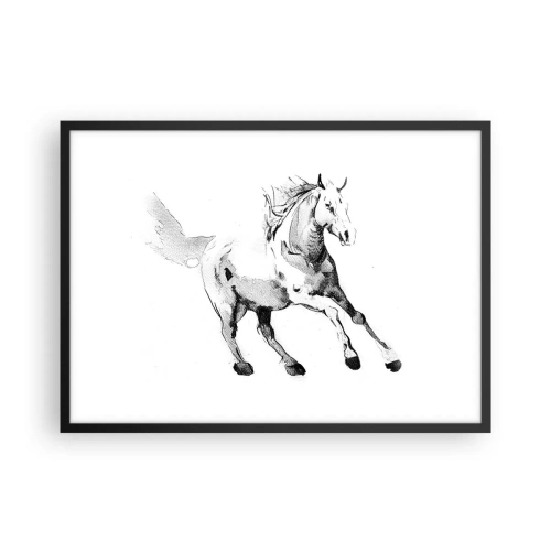 Affiche dans un cadre noir - Poster - Croquis d'un cheval au galop dans des tons de noir et blanc - 70x50cm - Âme indomptée - Décoration murale moderne pour le salon et la chambre ARTTOR