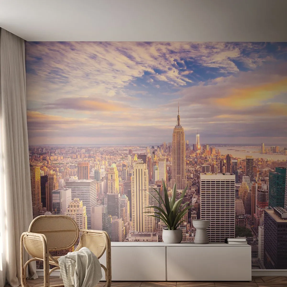 Papier Peint Photo Premium Sand - Panorama de la ville au coucher du soleil - 100x70cm - Atteindre les nuages