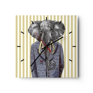 Horloge murale - Pendule murale - Un éléphant en costume sur fond de rayures beiges - 30x30cm - Élégant par nature - Décoration murale moderne pour le salon et la chambre ARTTOR