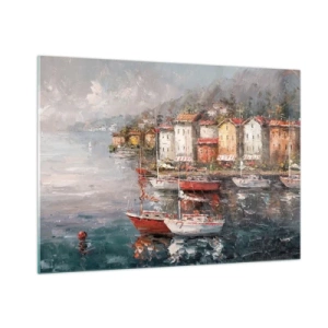 Impression sur verre - Image sur verre - Un port pittoresque avec des voiliers et des maisons colorées - 100x70cm - Havre romantique - Décoration murale moderne pour le salon et la chambre ARTTOR