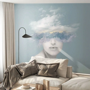 Papier Peint Photo Premium Sand - Le visage d'une femme se détache sur le ciel et les vagues déferlantes. - 100x70cm - La tête dans les nuages - Décoration murale moderne pour le salon et la chambre ARTTOR
