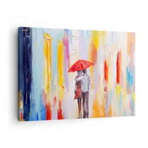 Impression sur toile - Image sur toile - Un couple sous un parapluie rouge avec des bâtiments colorés en arrière-plan. - 70x50cm - Qu'il pleuve encore - Décoration murale moderne pour le salon et la chambre ARTTOR