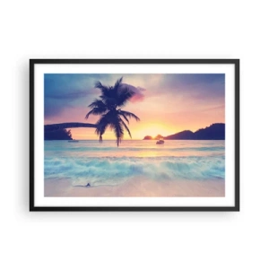 Affiche dans un cadre noir - Poster - Plage avec un palmier et un coucher de soleil sur l'océan - 70x50cm - Une soirée à la baie - Décoration murale moderne pour le salon et la chambre ARTTOR
