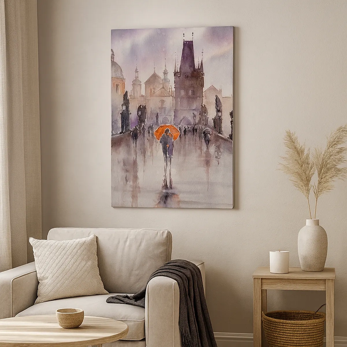 Impression sur toile - Image sur toile - Vue romantique d'un pont avec un parapluie sur fond de ville en soirée - 50x70cm - Les gens ne changent pas - Décoration murale moderne pour le salon et la chambre ARTTOR