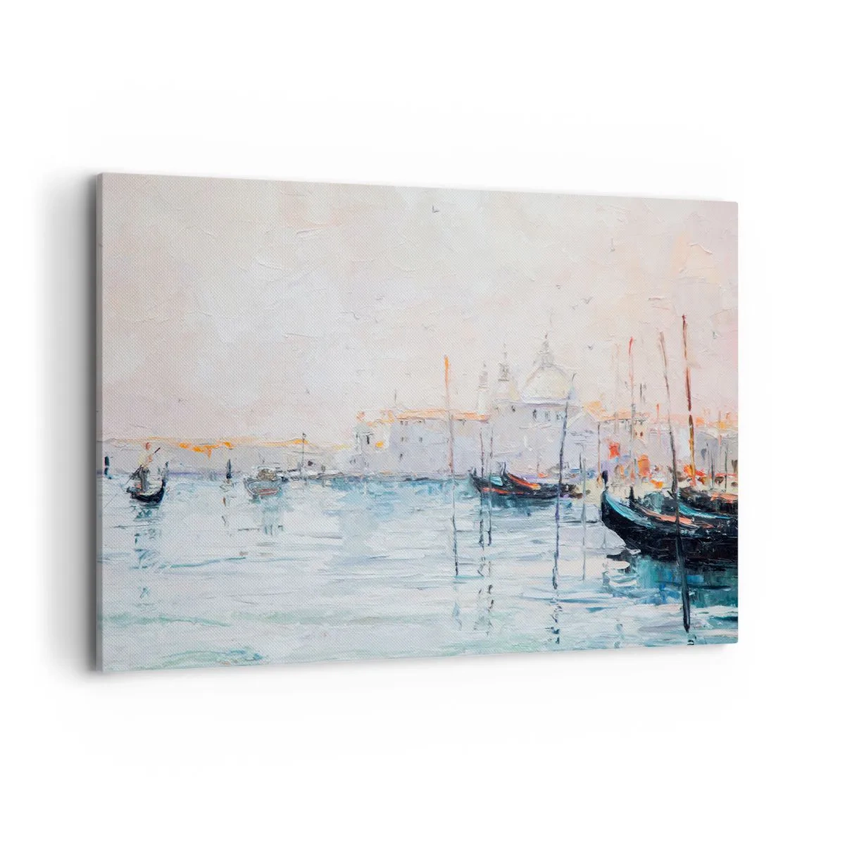Impression sur toile - Image sur toile - Vue pittoresque des canaux avec des bateaux aux couleurs pastel - 100x70cm - Derrière l'eau, derrière le brouillard - Décoration murale moderne pour le salon et la chambre ARTTOR