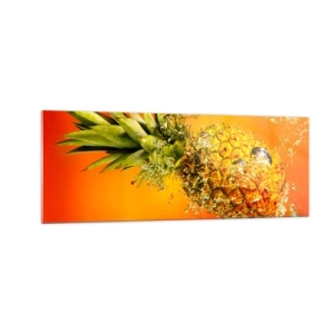 Impression sur verre - Image sur verre - Un ananas immergé dans l'eau sur un fond dégradé orange. - 140x50cm - Fraîcheur juteuse tropicale - Décoration murale moderne pour le salon et la chambre ARTTOR