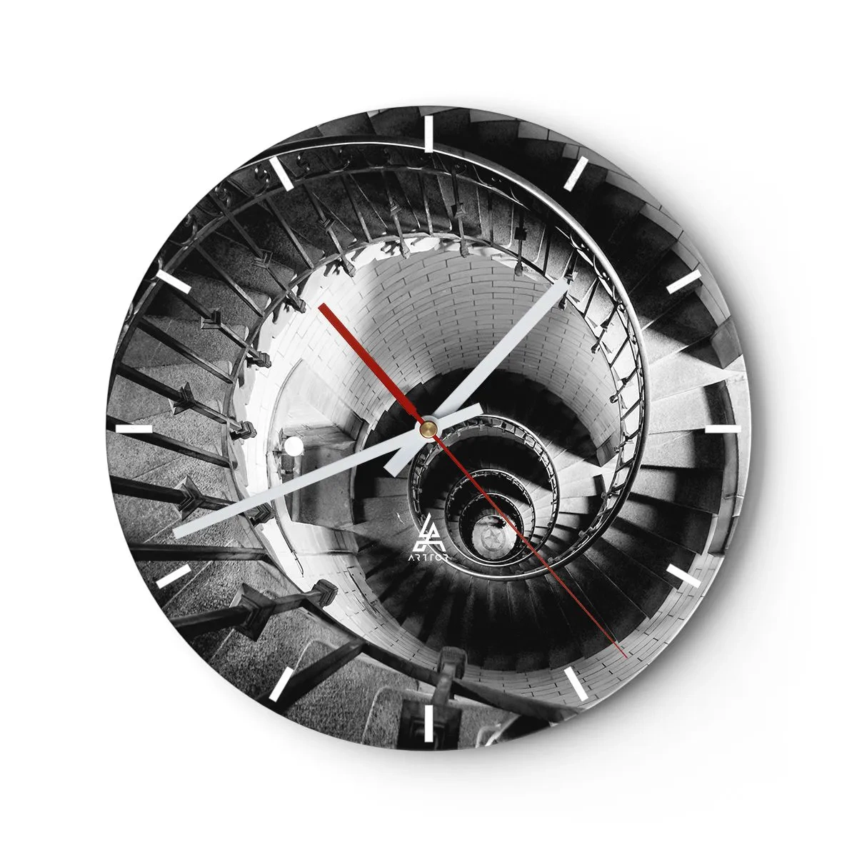 Horloge murale - Pendule murale - Escalier en colimaçon noir et blanc vu d'en haut - 30x30cm - De plus en plus haut - Décoration murale moderne pour le salon, la cuisine et la chambre ARTTOR