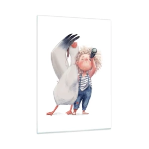 Impression sur verre - Image sur verre - Bébé avec des jumelles et une cigogne dans un style d'illustration amusant - 50x70cm - Plan de grand voyage - Décoration murale moderne pour le salon et la chambre ARTTOR