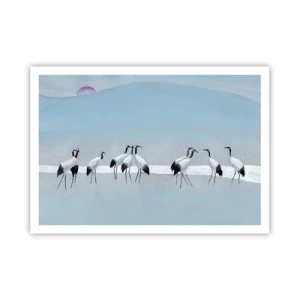 Affiche - Poster - Un groupe de grues contre un ciel bleu et le soleil levant - 100x70cm - Après une chaude journée - Décoration murale moderne pour le salon et la chambre ARTTOR