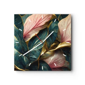 Horloge murale - Pendule murale - Feuilles élégantes en vert, or et rose - 30x30cm - Élégance et style naturels - Décoration murale moderne pour le salon et la chambre ARTTOR