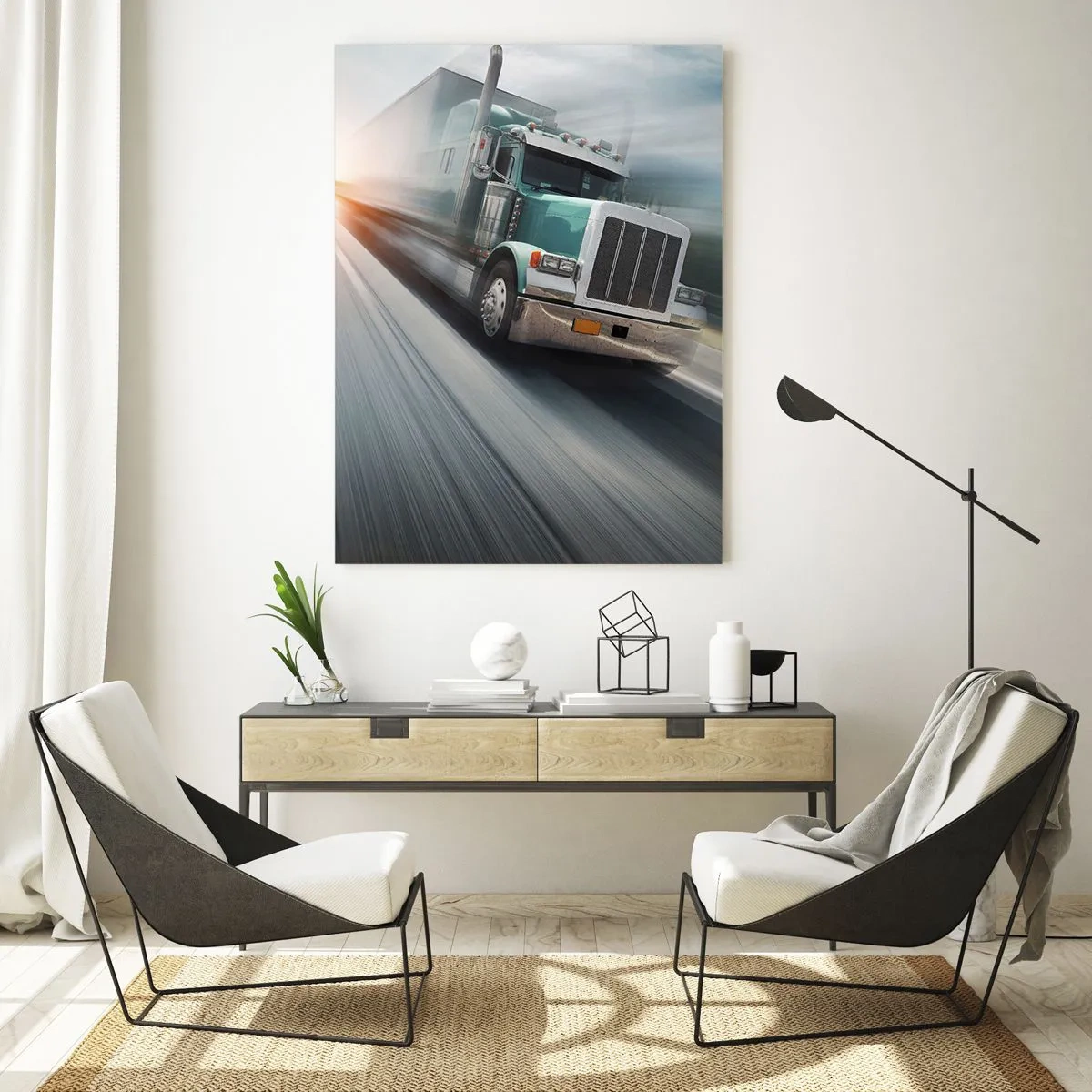 Impression sur verre - Image sur verre - Un camion sur l'autoroute en mouvement au coucher du soleil - 70x100cm - Le géant américain est en fuite - Décoration murale moderne pour le salon et la chambre ARTTOR