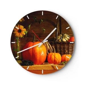 Horloge murale - Pendule murale - Une composition de citrouilles, de tournesols et d'un panier en osier - 30x30cm - Une composition rustique - cadeaux d'automne - Décoration murale moderne pour le salon, la cuisine et la chambre ARTTOR