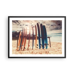 Affiche dans un cadre noir - Poster - Planches de surf sur la plage au coucher du soleil - 70x50cm - Bonne nuit, à demain - Décoration murale moderne pour le salon et la chambre ARTTOR