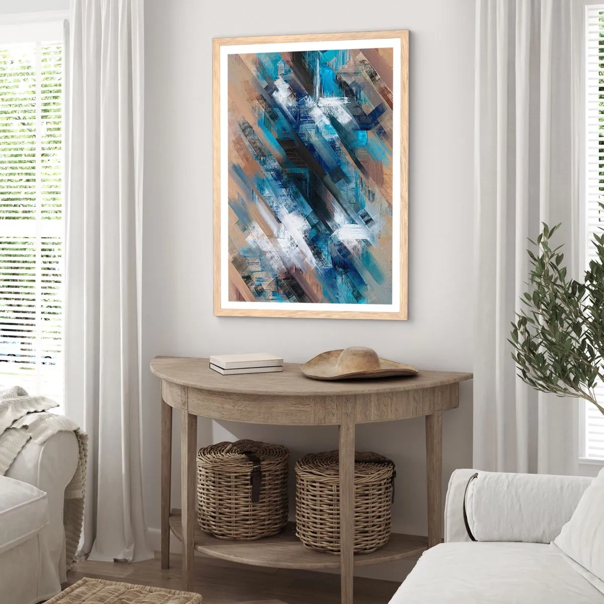 Affiche dans un chêne clair - Poster - Diagonale de bleus - 70x100 cm