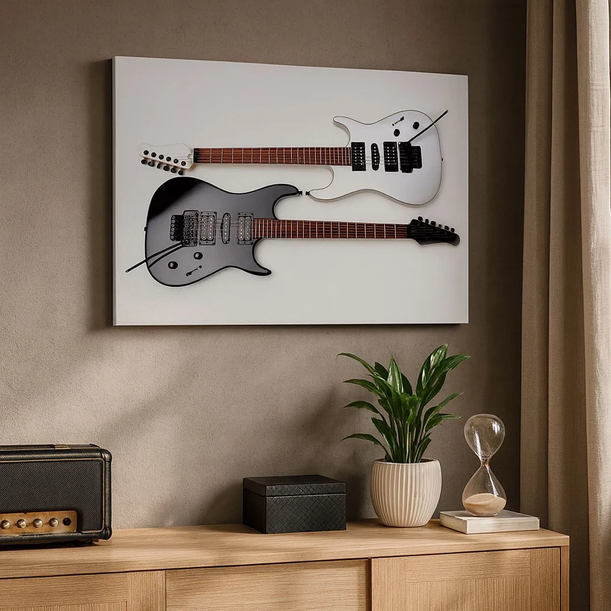 Impression sur toile - Image sur toile - Deux guitares électriques en noir et blanc sur fond clair. - 70x50cm - Harmonie des formes - Décoration murale moderne pour le salon et la chambre ARTTOR