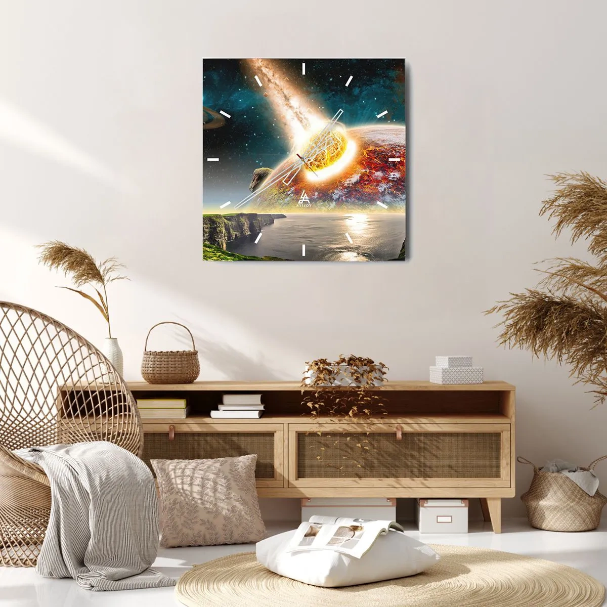 Horloge murale - Pendule murale - Une météorite entre en collision avec une planète dans un paysage cosmique. - 30x30cm - Drame spatial - Décoration murale moderne pour le salon et la chambre ARTTOR