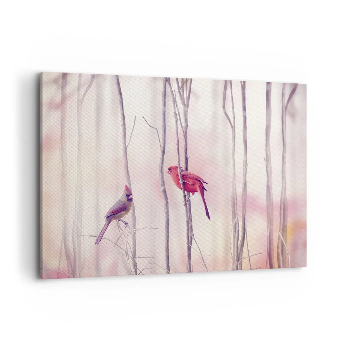 Impression sur toile - Image sur toile - Un couple de cardinaux perchés sur des branches dans un paysage pastel - 100x70cm - Conte de la forêt rose - Décoration murale moderne pour le salon et la chambre ARTTOR