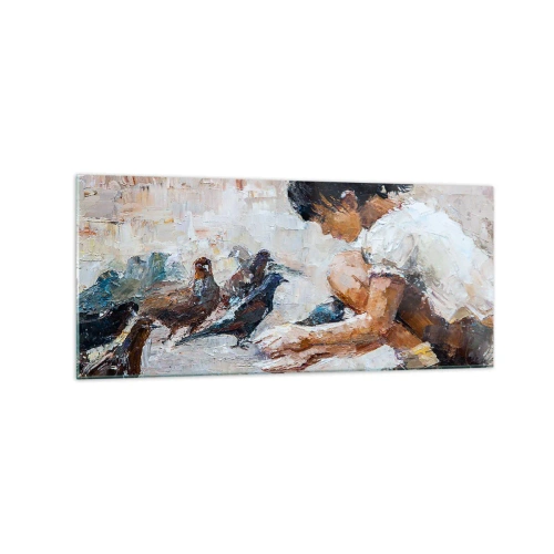 Impression sur verre - Image sur verre - Une fille nourrissant des oiseaux dans un style pictural - 120x50cm - Les plus petits et les plus gentils - Décoration murale moderne pour le salon et la chambre ARTTOR